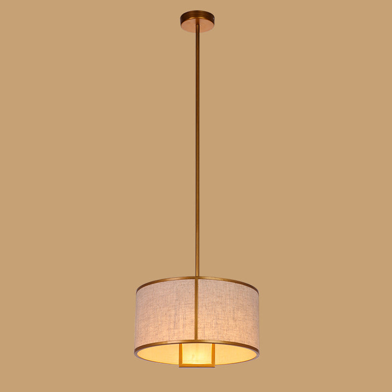 Traditional Chinese Carbon Steel & Fabric Cylinder Pendant Light 1-Light For Bedroom & Living Room