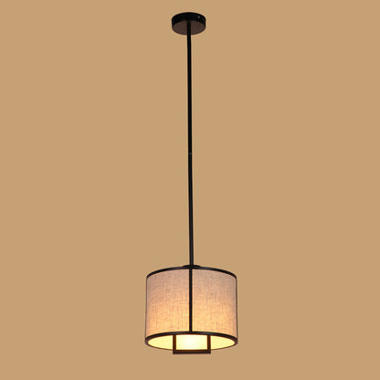 Traditional Chinese Carbon Steel & Fabric Cylinder Pendant Light 1-Light For Bedroom & Living Room