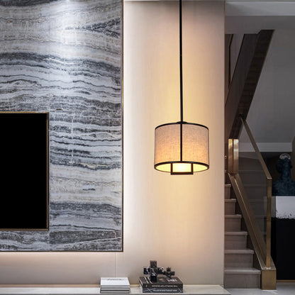 Traditional Chinese Carbon Steel & Fabric Cylinder Pendant Light 1-Light For Bedroom & Living Room