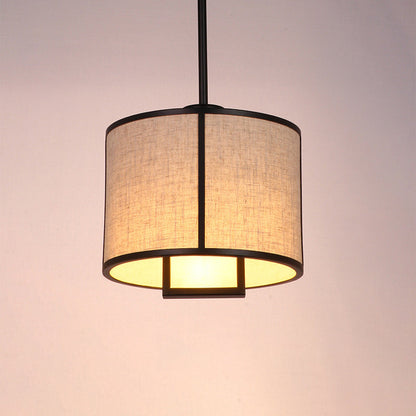 Traditional Chinese Carbon Steel & Fabric Cylinder Pendant Light 1-Light For Bedroom & Living Room