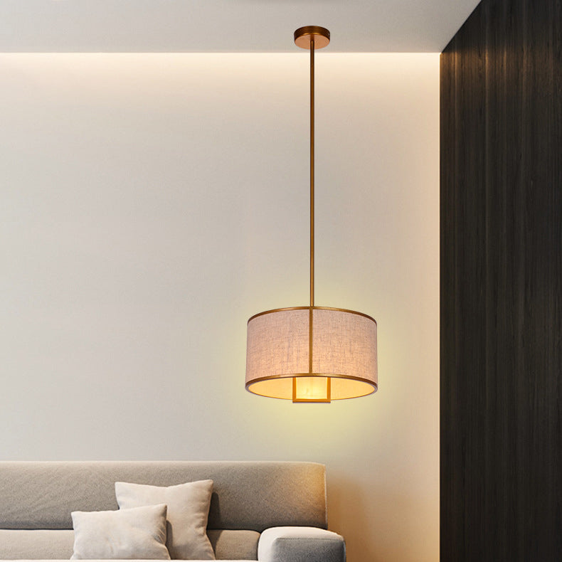 Traditional Chinese Carbon Steel & Fabric Cylinder Pendant Light 1-Light For Bedroom & Living Room