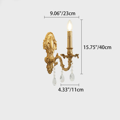 Traditional French Brass & Crystal Candle Branch 1-Light Wall Sconce Lamp For Bedroom And Living Room