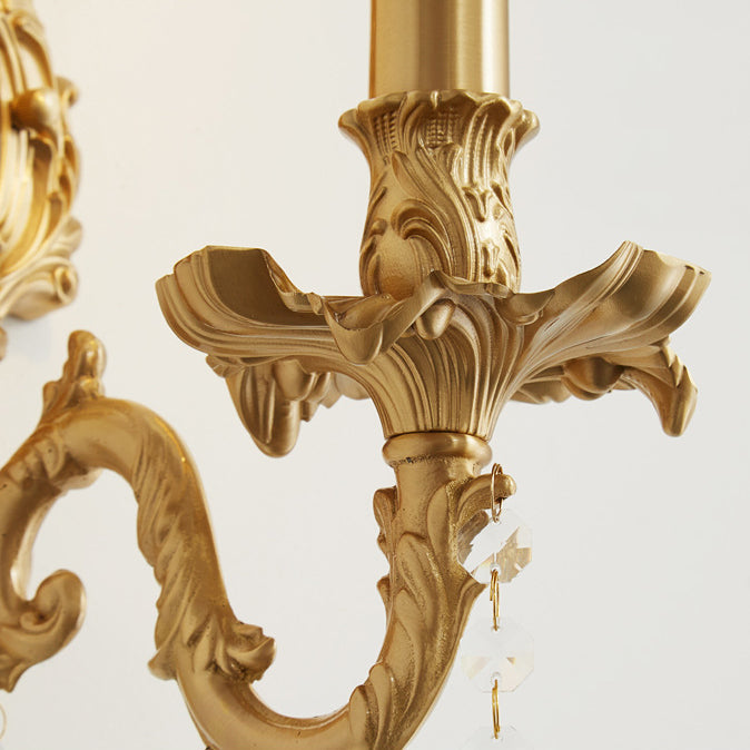 Traditional French Brass & Crystal Candle Branch 1-Light Wall Sconce Lamp For Bedroom And Living Room