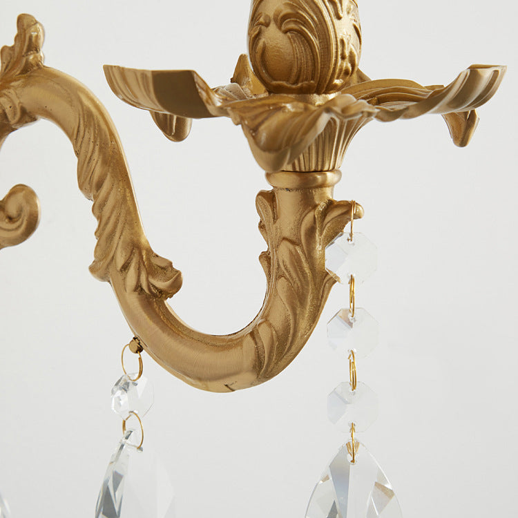 Traditional French Brass & Crystal Candle Branch 1-Light Wall Sconce Lamp For Bedroom And Living Room