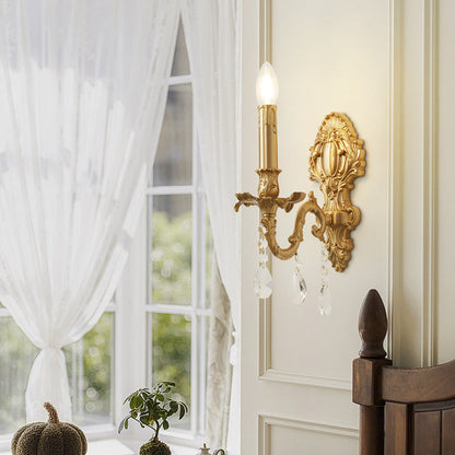 Traditional French Brass & Crystal Candle Branch 1-Light Wall Sconce Lamp For Bedroom And Living Room