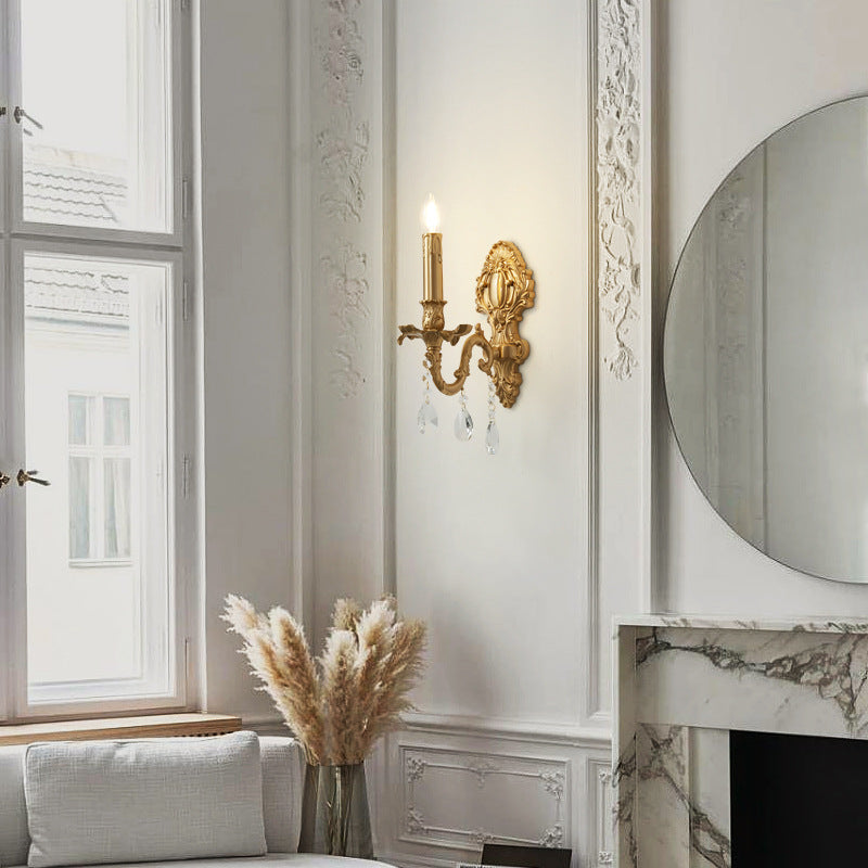 Traditional French Brass & Crystal Candle Branch 1-Light Wall Sconce Lamp For Bedroom And Living Room