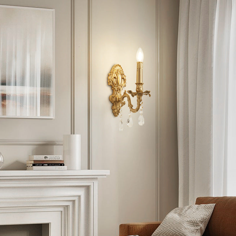 Traditional French Brass & Crystal Candle Branch 1-Light Wall Sconce Lamp For Bedroom And Living Room