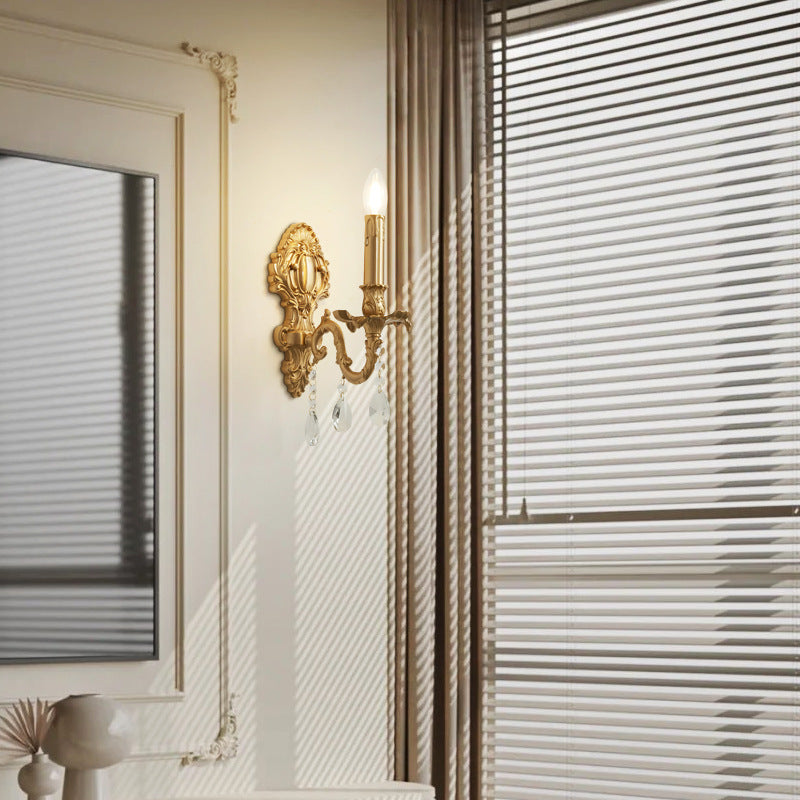 Traditional French Brass & Crystal Candle Branch 1-Light Wall Sconce Lamp For Bedroom And Living Room