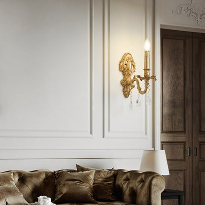 Traditional French Brass & Crystal Candle Branch 1-Light Wall Sconce Lamp For Bedroom And Living Room