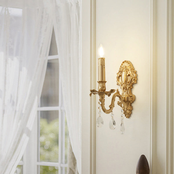 Traditional French Brass & Crystal Candle Branch 1-Light Wall Sconce Lamp For Bedroom And Living Room