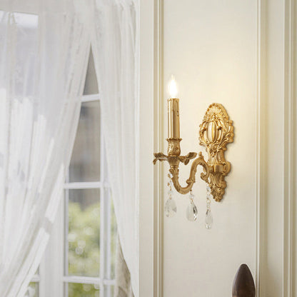 Traditional French Brass & Crystal Candle Branch 1-Light Wall Sconce Lamp For Bedroom And Living Room