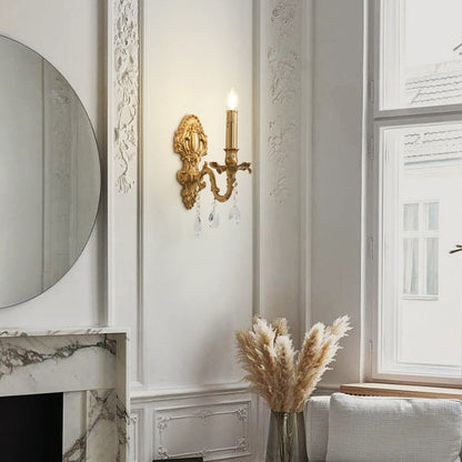 Traditional French Brass & Crystal Candle Branch 1-Light Wall Sconce Lamp For Bedroom And Living Room