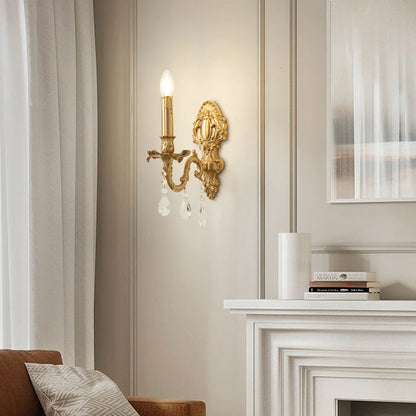 Traditional French Brass & Crystal Candle Branch 1-Light Wall Sconce Lamp For Bedroom And Living Room