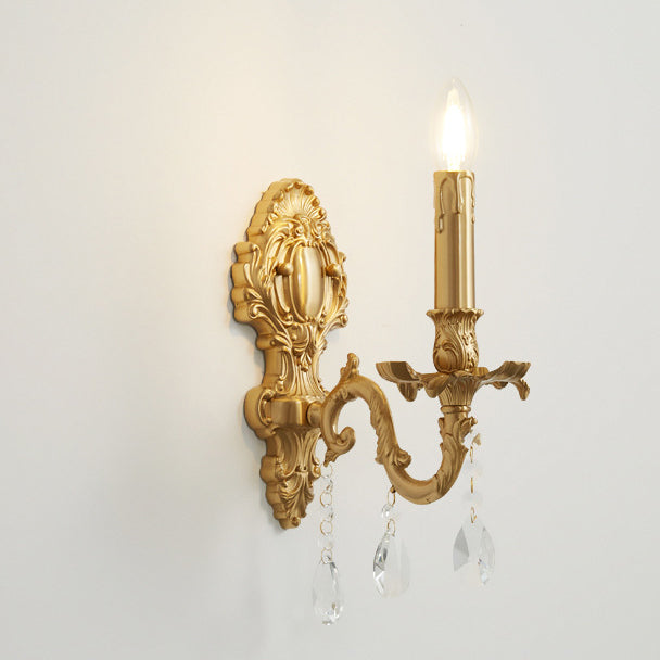 Traditional French Brass & Crystal Candle Branch 1-Light Wall Sconce Lamp For Bedroom And Living Room