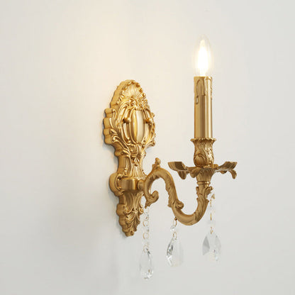 Traditional French Brass & Crystal Candle Branch 1-Light Wall Sconce Lamp For Bedroom And Living Room