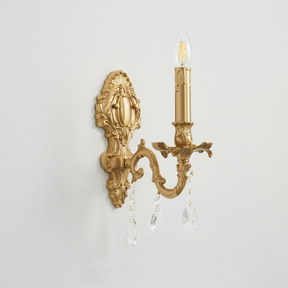 Traditional French Brass & Crystal Candle Branch 1-Light Wall Sconce Lamp For Bedroom And Living Room