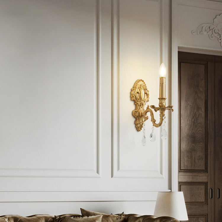 Traditional French Brass & Crystal Candle Branch 1-Light Wall Sconce Lamp For Bedroom And Living Room