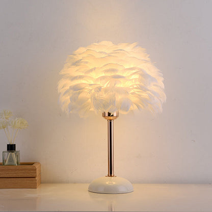Contemporary Nordic Feather, Iron & Ceramic Round 1-Light Table Lamp For Bedroom And Living Room
