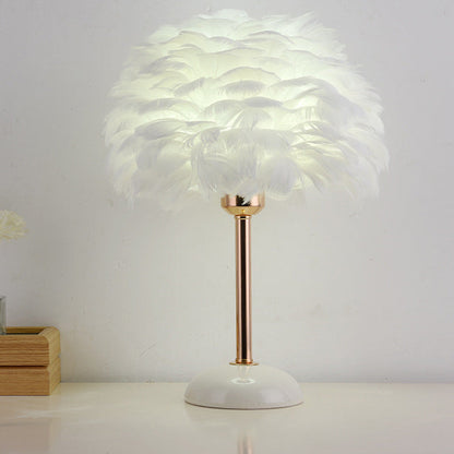 Contemporary Nordic Feather, Iron & Ceramic Round 1-Light Table Lamp For Bedroom And Living Room