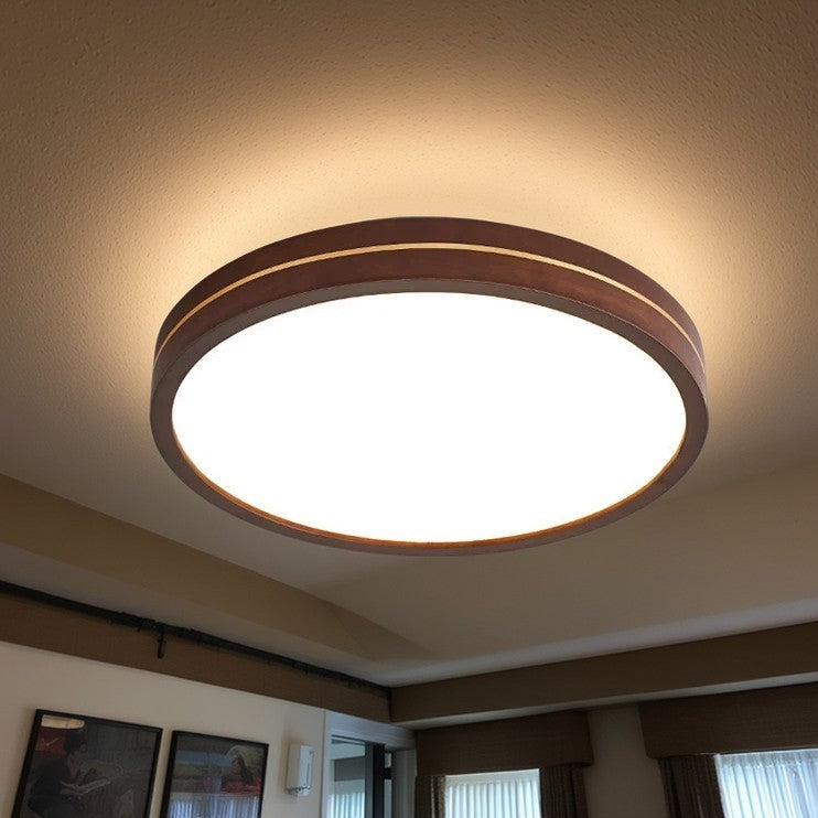 Modern Minimalist Wood, Aluminum & Acrylic Round LED Flush Mount Ceiling Light For Bedroom & Living Room