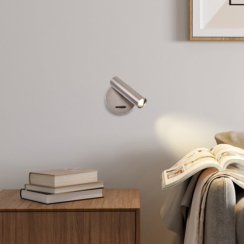 Modern Minimalist Steel & Aluminum Round LED Wall Sconce Lamp With Adjustable Head For Bedroom & Living Room