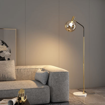 Contemporary Nordic Iron, Marble & Glass Round 1-Light Standing Floor Lamp With Adjustable Head For Living Room & Bedroom