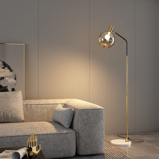 Contemporary Nordic Iron, Marble & Glass Round 1-Light Standing Floor Lamp With Adjustable Head For Living Room & Bedroom