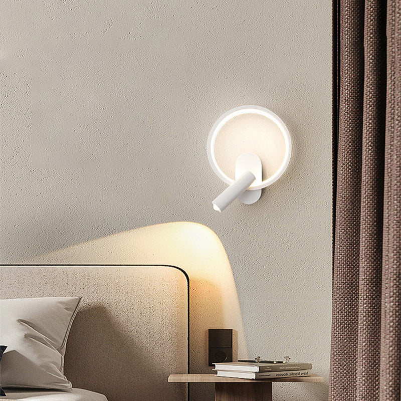 Contemporary Nordic Aluminum Iron & Silicone Round LED Wall Sconce Lamp With Adjustable Spotlight For Bedroom & Living Room