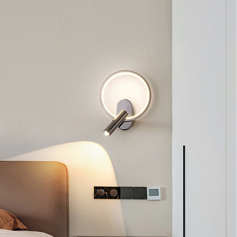 Contemporary Nordic Aluminum Iron & Silicone Round LED Wall Sconce Lamp With Adjustable Spotlight For Bedroom & Living Room