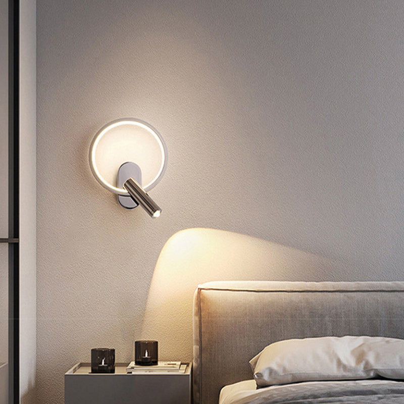 Contemporary Nordic Aluminum Iron & Silicone Round LED Wall Sconce Lamp With Adjustable Spotlight For Bedroom & Living Room