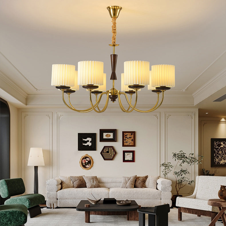 Traditional French Iron Wood Fabric Branch Cylinder Chandelier With 6/8 Lights For Bedroom & Living Room