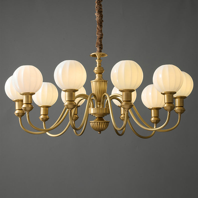 Traditional Vintage Brass & Glass Curved Round 6/8/10-Light Chandelier For Living Room & Bedroom