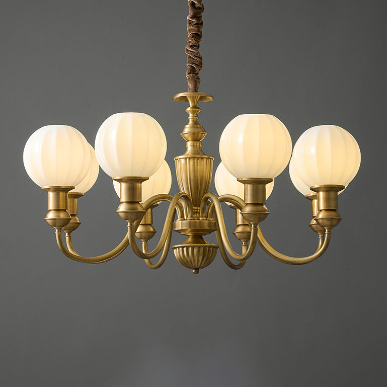 Traditional Vintage Brass & Glass Curved Round 6/8/10-Light Chandelier For Living Room & Bedroom