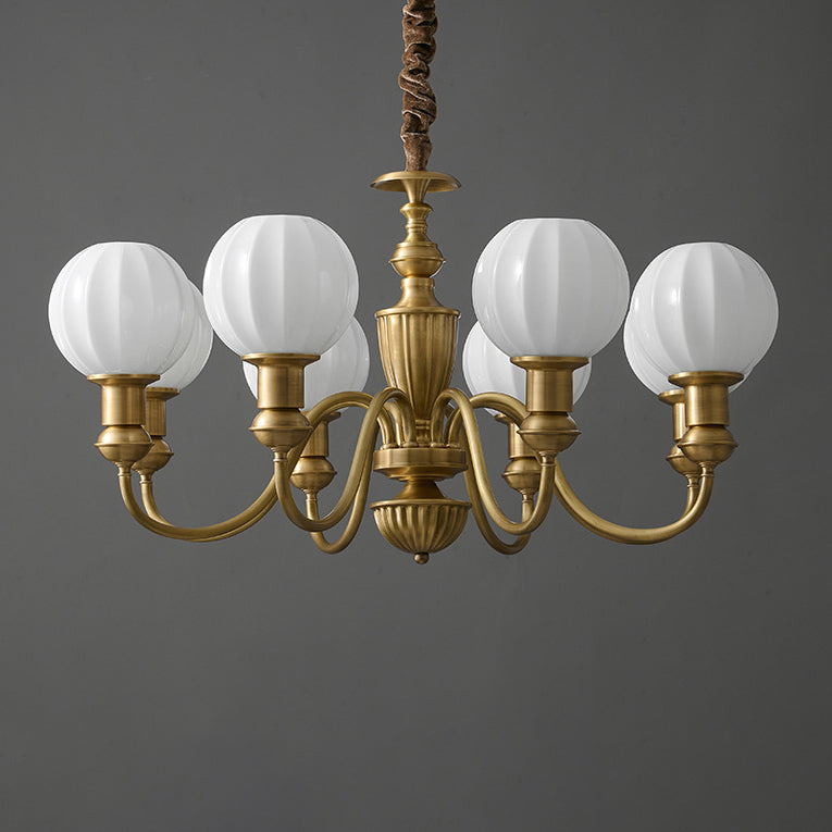 Traditional Vintage Brass & Glass Curved Round 6/8/10-Light Chandelier For Living Room & Bedroom