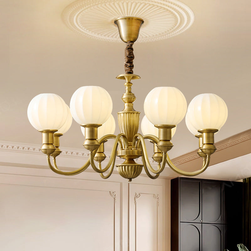 Traditional Vintage Brass & Glass Curved Round 6/8/10-Light Chandelier For Living Room & Bedroom
