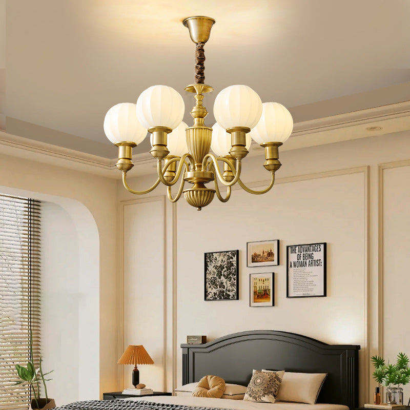 Traditional Vintage Brass & Glass Curved Round 6/8/10-Light Chandelier For Living Room & Bedroom