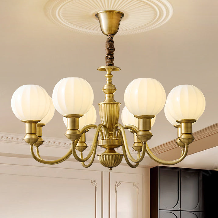 Traditional Vintage Brass & Glass Curved Round 6/8/10-Light Chandelier For Living Room & Bedroom