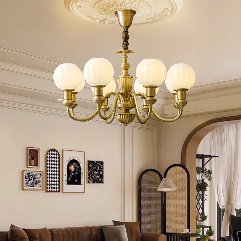 Traditional Vintage Brass & Glass Curved Round 6/8/10-Light Chandelier For Living Room & Bedroom