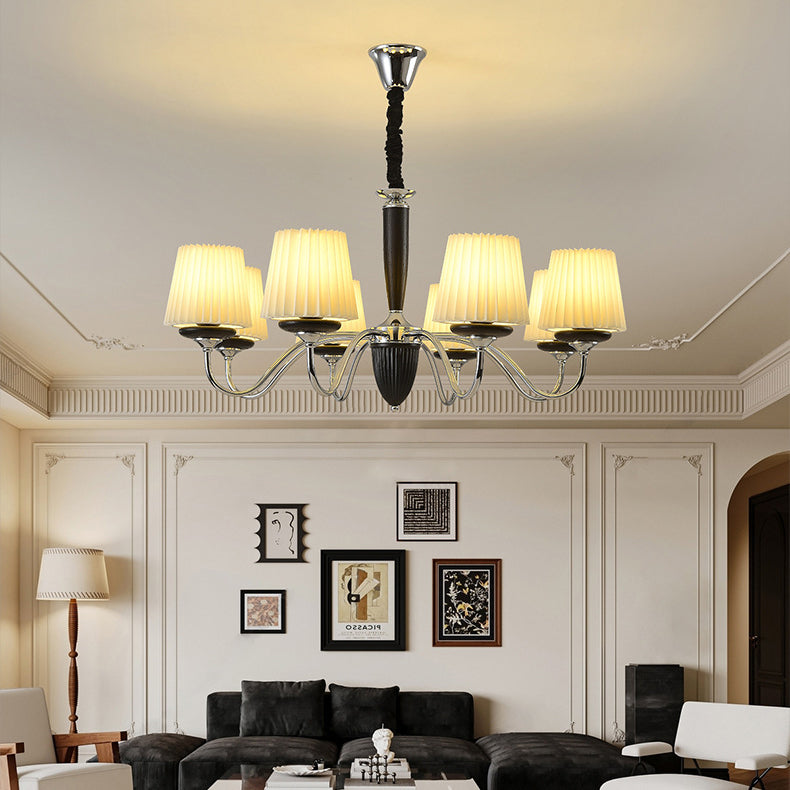 Traditional French Iron Wood Fabric Round 6/8-Light Chandelier For Bedroom And Living Room