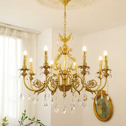 Traditional French Brass Crystal Candle-Style 8-Light Chandelier For Bedroom And Living Room