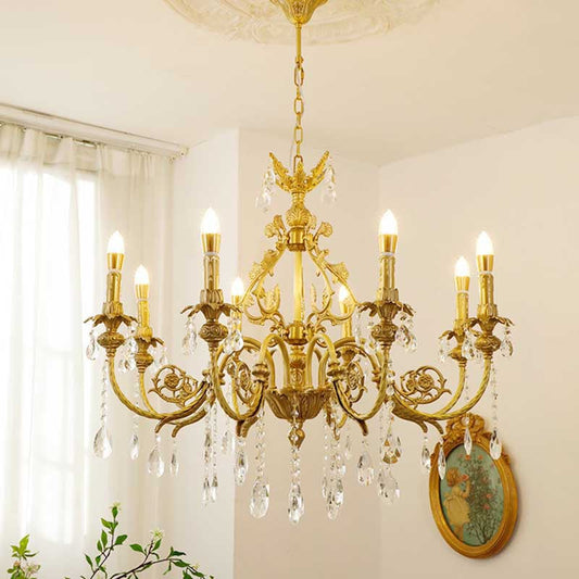 Traditional French Brass Crystal Candle-Style 8-Light Chandelier For Bedroom And Living Room