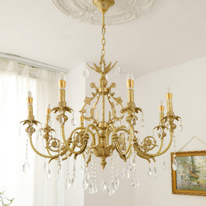 Traditional French Brass Crystal Candle-Style 8-Light Chandelier For Bedroom And Living Room