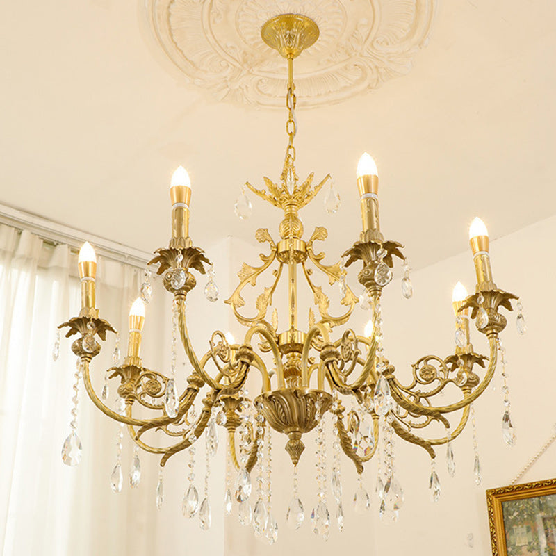 Traditional French Brass Crystal Candle-Style 8-Light Chandelier For Bedroom And Living Room