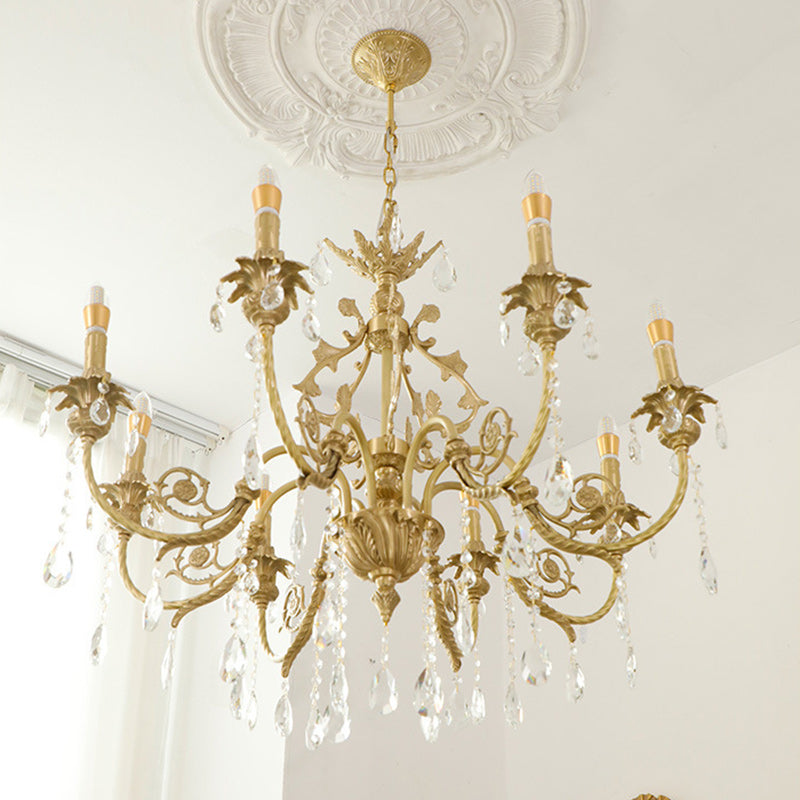 Traditional French Brass Crystal Candle-Style 8-Light Chandelier For Bedroom And Living Room