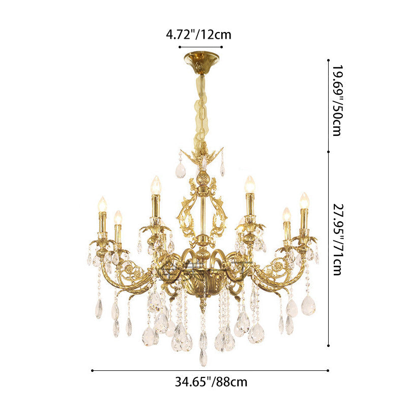 Traditional French Brass Crystal Candle-Style 8-Light Chandelier For Bedroom And Living Room