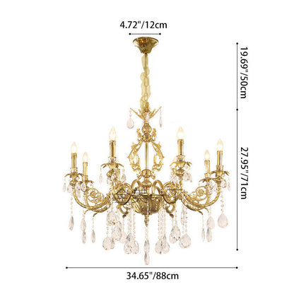 Traditional French Brass Crystal Candle-Style 8-Light Chandelier For Bedroom And Living Room