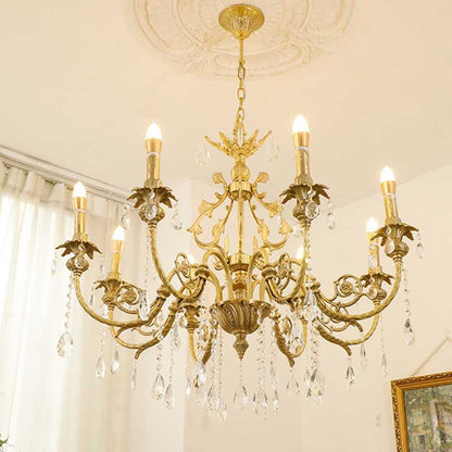 Traditional French Brass Crystal Candle-Style 8-Light Chandelier For Bedroom And Living Room