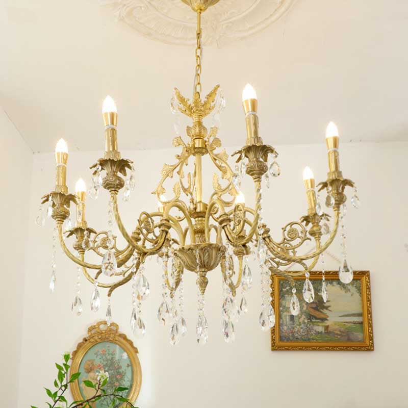 Traditional French Brass Crystal Candle-Style 8-Light Chandelier For Bedroom And Living Room