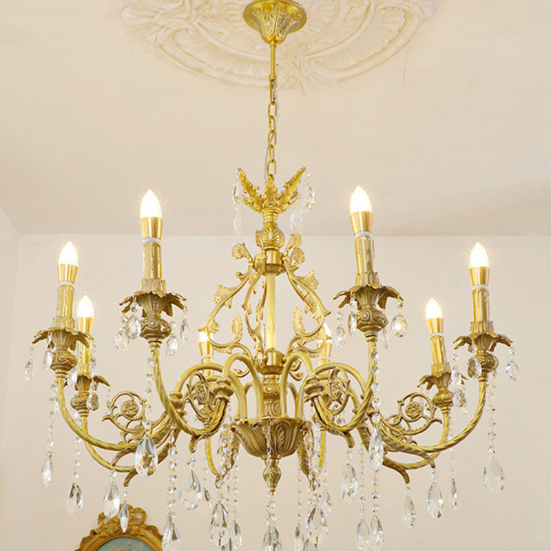 Traditional French Brass Crystal Candle-Style 8-Light Chandelier For Bedroom And Living Room