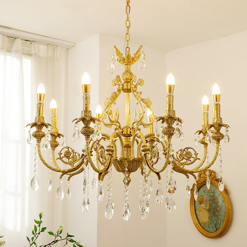 Traditional French Brass Crystal Candle-Style 8-Light Chandelier For Bedroom And Living Room